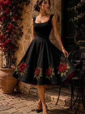 Persaman NY Black Rose Appliqué A-Line Skirt Red Lining Romantic Statement Sz 8